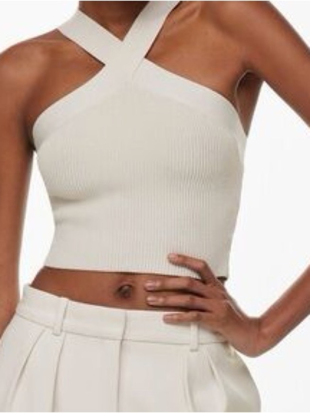Babaton Cream Ribbed Cross-Neck Crop Top